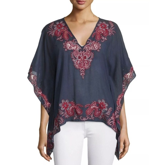 Anthropologie Tops - Anthropologie TRYB 212 Sahara Mural Embroidered Blue Cotton V-Neck Top Size S